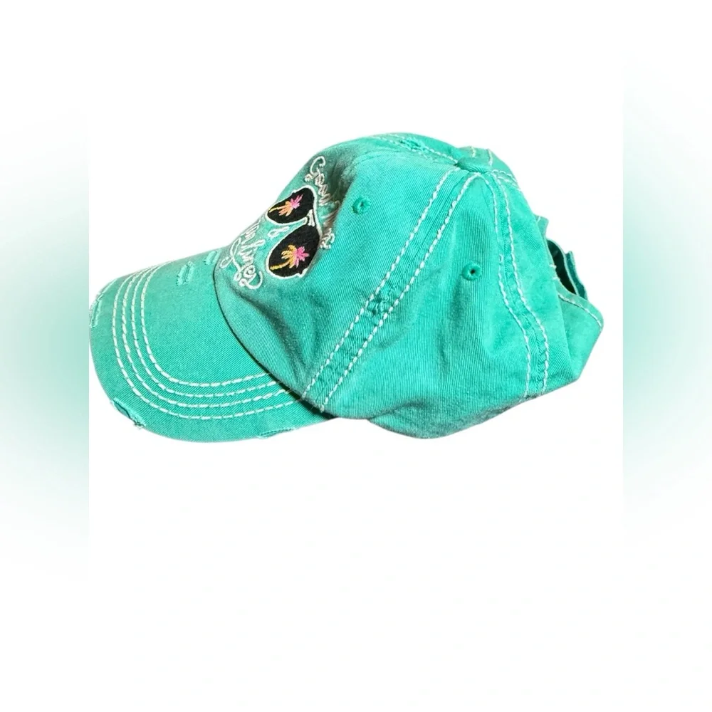 Good times & tan lines  🕶️🌴☀️distressed hat in aqua blue green with sunglasses